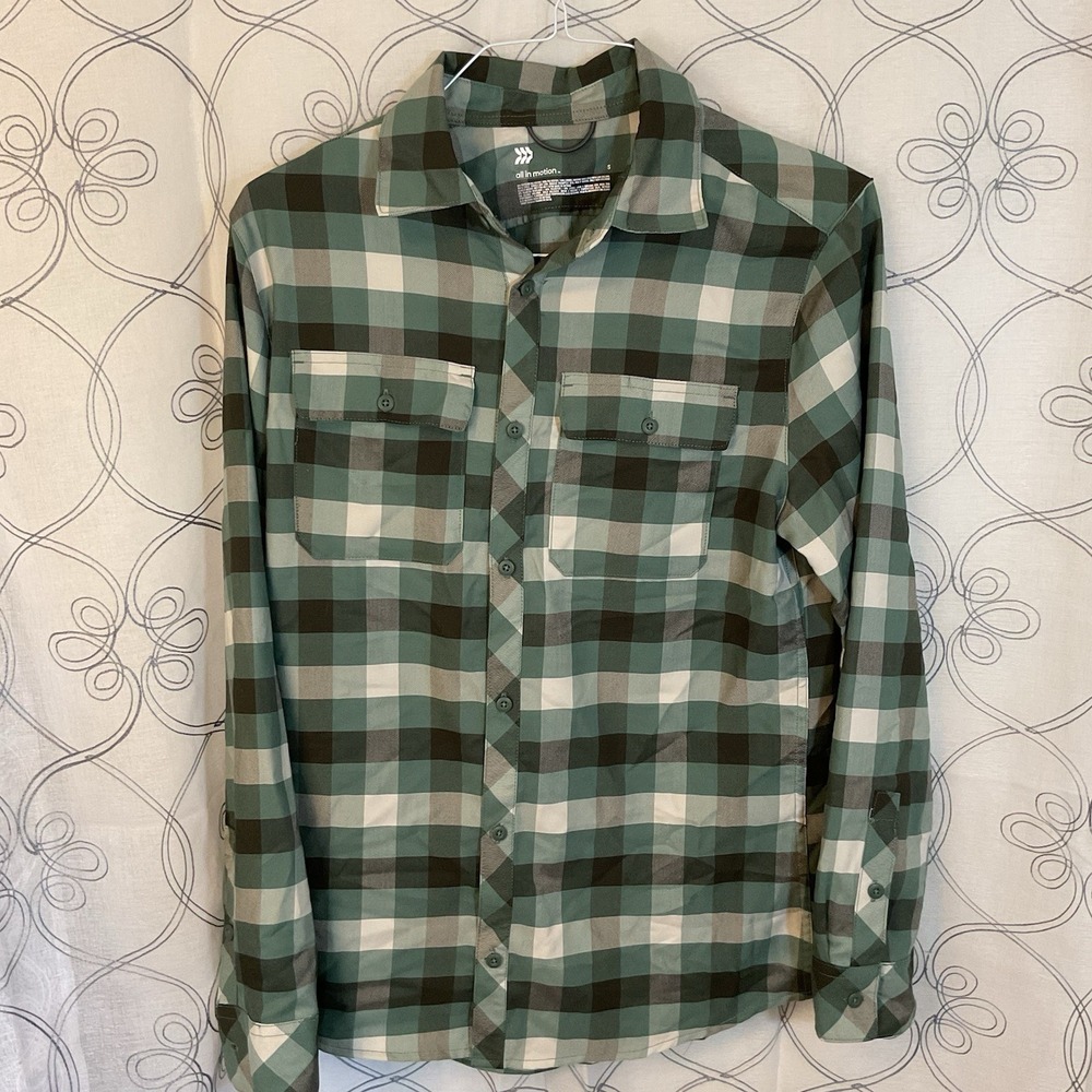 All in motion men's button up Long Sleeve casual shirt, green plaid Size Small